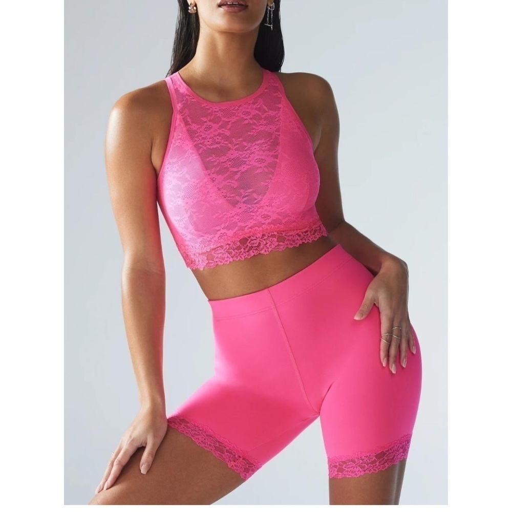 Savage X Fenty Lace Race High-Waist Stretch Bike Short Palace Pink Size XS NWT